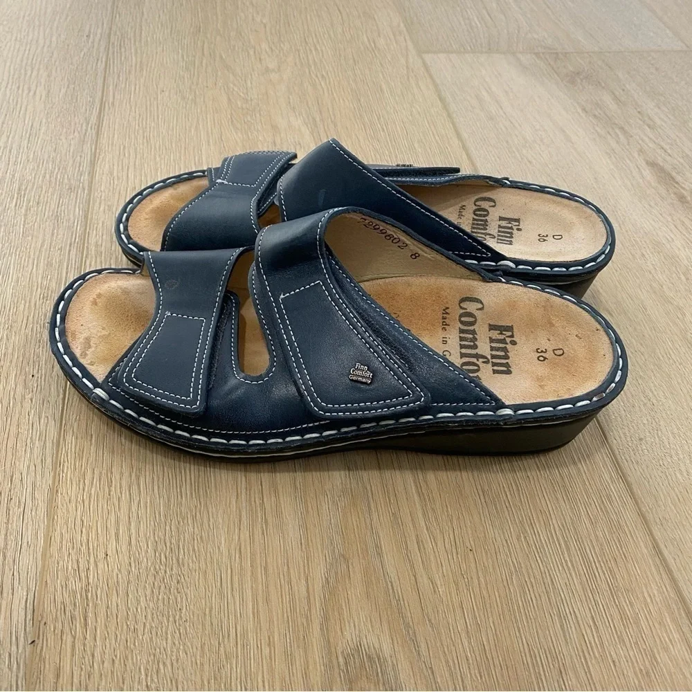 Finn Comfort Riad Blue Leather Sandals Shoes Double Adjustable Strap 36
